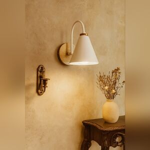 New PAYAER White and Wood Wall Sconce
